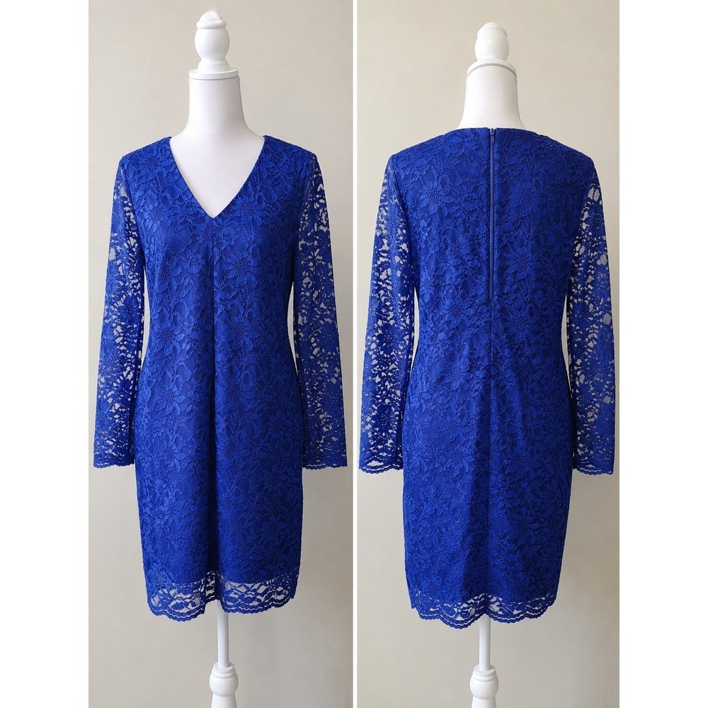 Taylor Dress Size 16 Royal Blue Floral Lace Long-Sleeve Dress